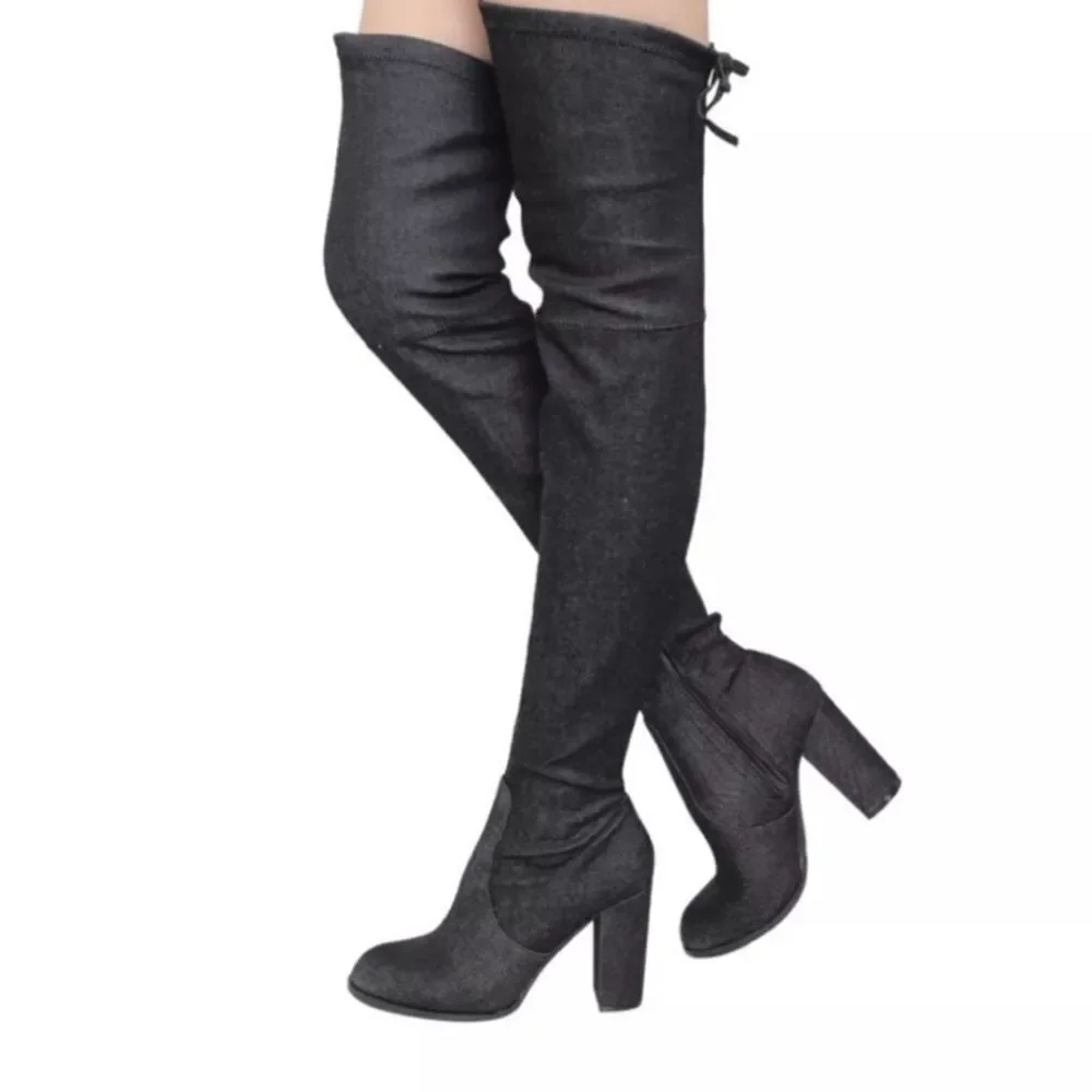 BLACK DENIM OVER THE KNEE BLOCK PLASFORM HEEL BOOT